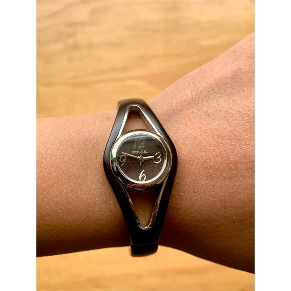 Womens Fossil Wristwatch Dark Brown Black Wood and Stainless Steel Accents